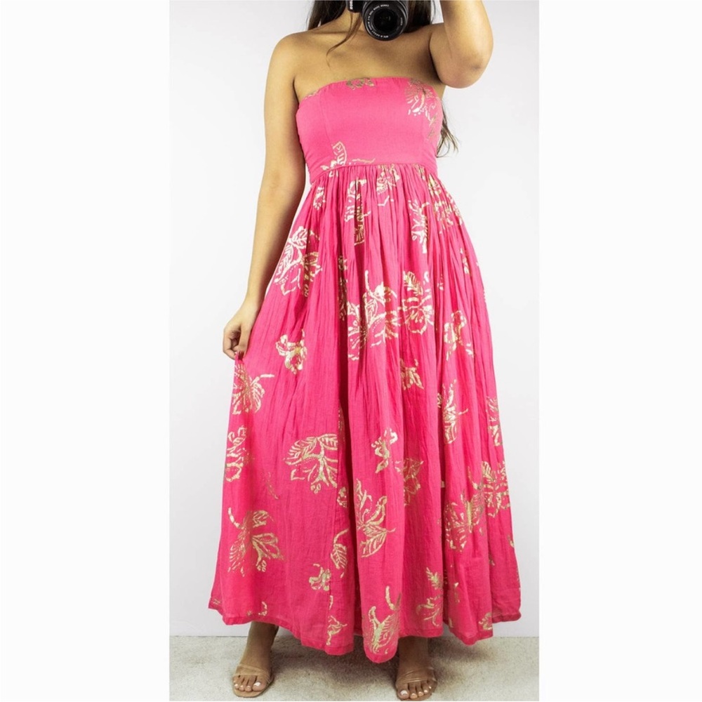 Free People Pink and Gold Strapless Midi Dress XS